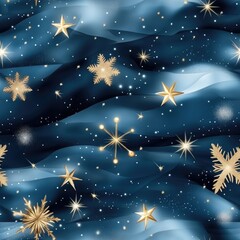 Fototapeta premium Elegant winter holiday pattern with gold snowflakes and festive ornaments on dark background