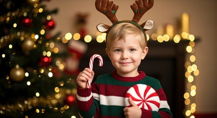Happy young boy in reindeer antlers headband holding candy cane and peppermint swirl for Christmas