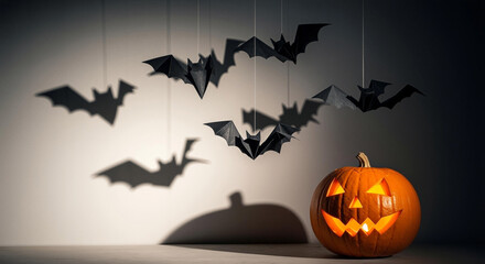 Halloween party decor featuring jack-o'-lantern and hanging paper bats in autumn setting