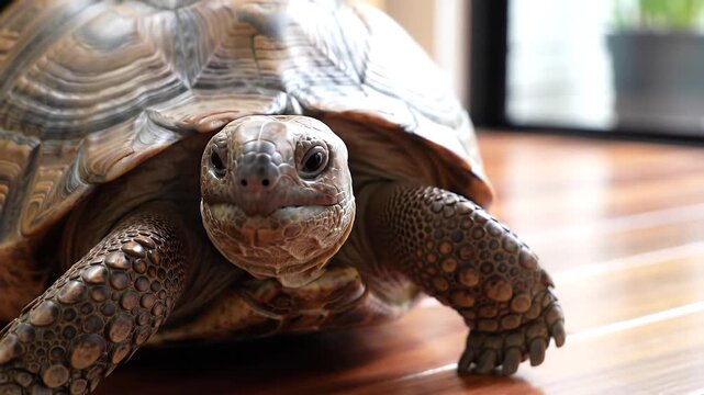 A closeup shot of a charming sulcata tortoise slowly walking across a polished wooden floor indoors showcasing its textured shell and gentle movements in a domestic setting.