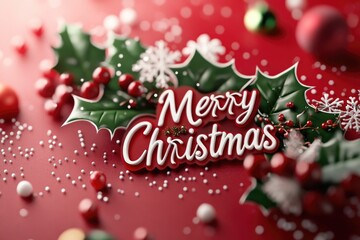 Festive christmas holly and snowflake border with merry christmas text on red background