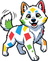 Cartoon dog vector with colorful geometric markings and playful pose, vibrant animal illustration for children, branding, education, and design content