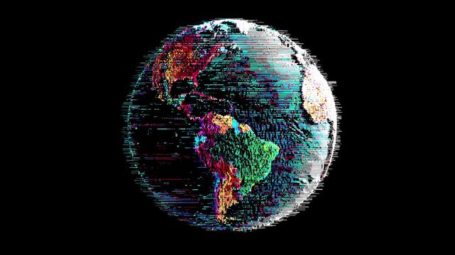 Experience a stop motion animation of a world map showcasing bright colors and digital glitch effects. Watch as the globe transforms against a dark backdrop, captivating the eye - Powered by Adobe