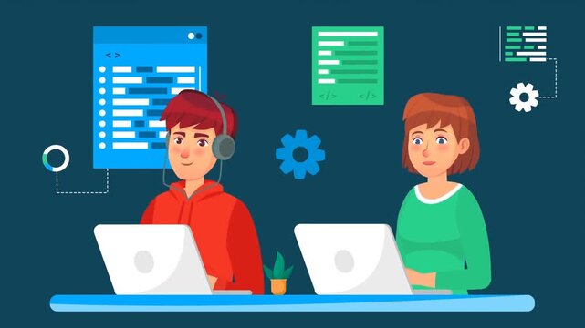 Two developers working on laptops with code and gears representing teamwork and software development animation
