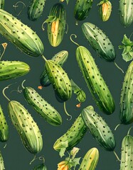 Watercolor cucumber pattern on dark green background