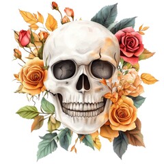 Floral skull art: vibrant roses and leaves adorn realistic skull in artistic fusion