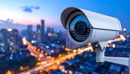 Security camera overlooking a cityscape at dusk
