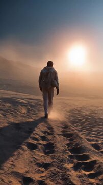 A lone man trekking through a dry desert plain, harsh light from the glowing sun, dust swirling in the air, footprints in the sand, gritty and determined atmosphere, realistic lighting
