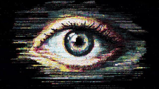 Dynamic eye animations reveal intricate details with captivating digital glitch effects. Watch as colors and shapes shift on a sleek black background, creating visual intrigue - Powered by Adobe