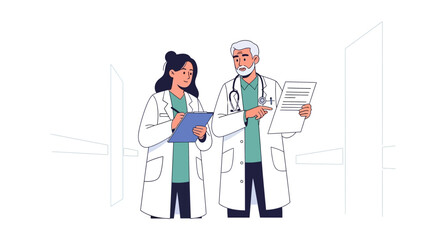 Two doctors in white coats discussing medical documents and patient charts in a modern clinic hallway