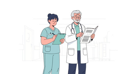 Medical Professionals A Doctor and Nurse Collaborating, Reviewing Documents, in a Healthcare Setting