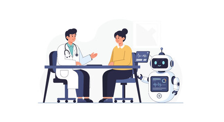 AI healthcare consultation Doctor, patient, and robotic assistant showcase technology's future in medicine and advanced patient care