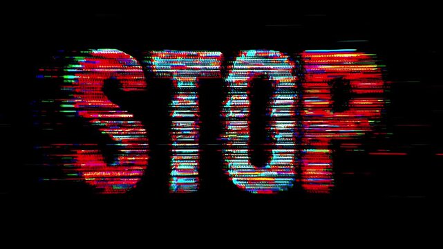 Bold red text alternates with a glitch effect on a black background. Each frame captures the text's distorted appearance, creating a unique visual experience