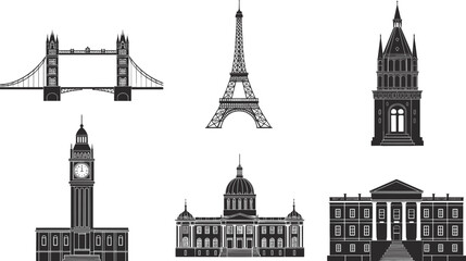Black and white architectural landmark illustration featuring famous buildings and monuments, global city icons vector art, modern travel design