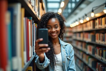A black woman takes a selfie standing near a bookshelf in a modern library. Bright lights and colorful book spines are visible in the background