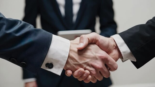 Handshake business executive seals partnership. Agreement finalized in corporate meeting. Teamwork and negotiation occur in office. Professional dealmaking shows executive collaboration. Crisp image.