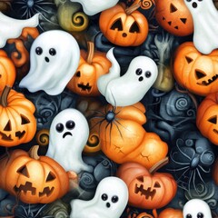 Obraz premium Seamless halloween pattern with ghosts and pumpkins on dark background