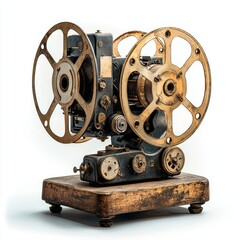 Naklejka premium Vintage Film Projector with Gold Accents and Retro Design on a White Background