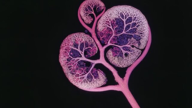 Vascular system of biological specimen captured in high detail, translucent branches and capillaries displayed as organic pattern, colored in scientific imaging style