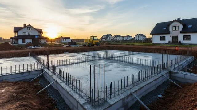 new residential house foundation construction site at sunset