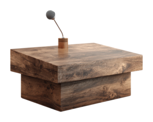 Innovative wooden table with microphone design for modern offices isolated on transparent background