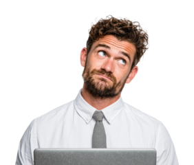 Contemplative man with laptop office portrait light isolated on transparent background