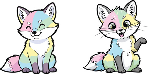 Cartoon fox vector with pastel rainbow fur and expressive poses, cute animal illustration for children, nature, education, and design content
