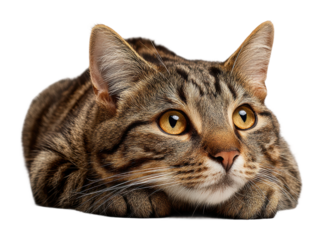 Playful tabby cat curled up at home cozy atmosphere isolated on transparent background