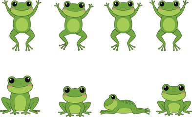Cartoon frogs in various poses, playful green amphibian character illustration for children’s design, animation, education, and nature-themed content