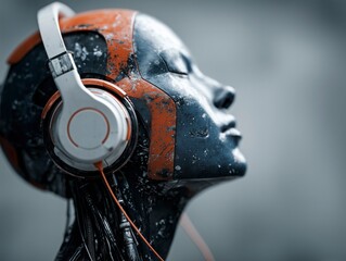 AI robot wearing headphones listening to music symbolizing the era of artificial intelligence music