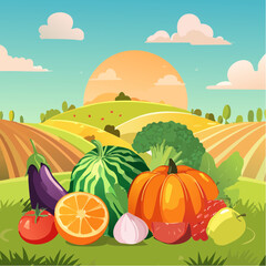 Fototapeta premium Spring and summer fruit and vegetable element set, vector illustration