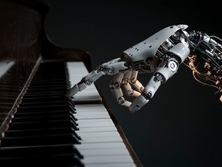 Close-up of AI robot hand playing piano symbolizing the era of artificial intelligence in music