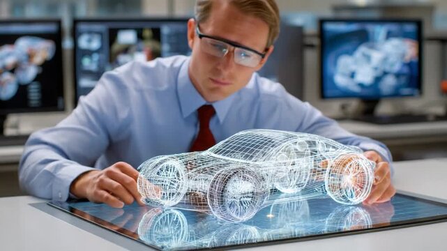 Automotive Design and Analysis: An engineer meticulously examines a detailed 3D model of a car, immersed in the intricate process of design and analysis, surrounded by advanced technology.