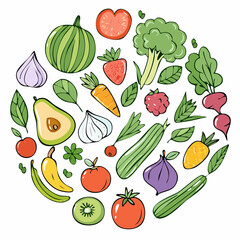 Spring and summer fruit and vegetable element set, vector illustration