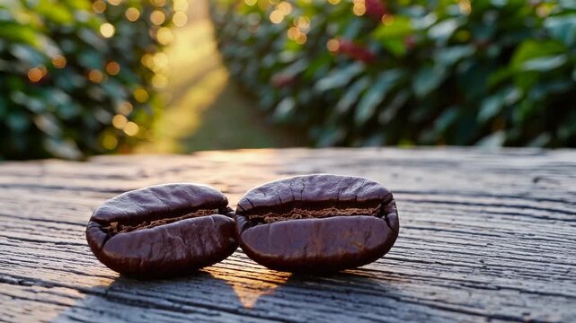 Closeup coffee bean roast on wood table. Organic coffee bean rests on weathered wood surface. Plant rows and sunlight create soft bokeh. Image highlights texture and natural color. Warm glow mellow.