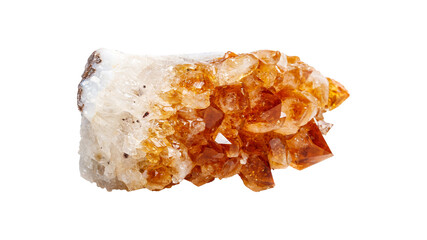 A polished citrine crystal on a white isolated background, showcasing vibrant yellow-orange hues...