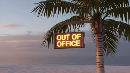 A 3D 'Out of Office' sign, but it's a glowing neon sign hanging on a palm tree on a beach.
