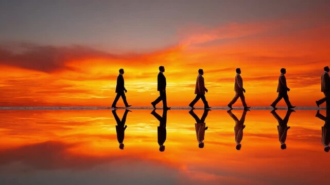 Silhouetted Steps Towards Horizon: A procession of individuals walk confidently into the sunset, their forms cast against the fiery backdrop. Reflecting the bold stride, inspiring a journey ahead.