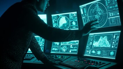 Futuristic control room interface manipulation with hologram technology insight - Powered by Adobe