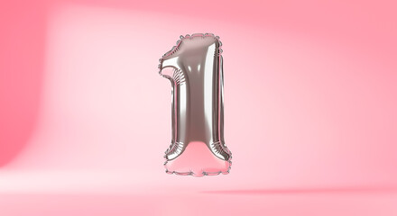 Silver metallic balloon shaped as number one on pink background symbolizing celebration, success, and joyful occasion