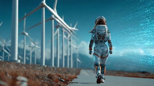 Astronaut's Eco-Exploration: A solitary astronaut embarks on an eco-friendly odyssey, walking along a path towards a field of wind turbines.
