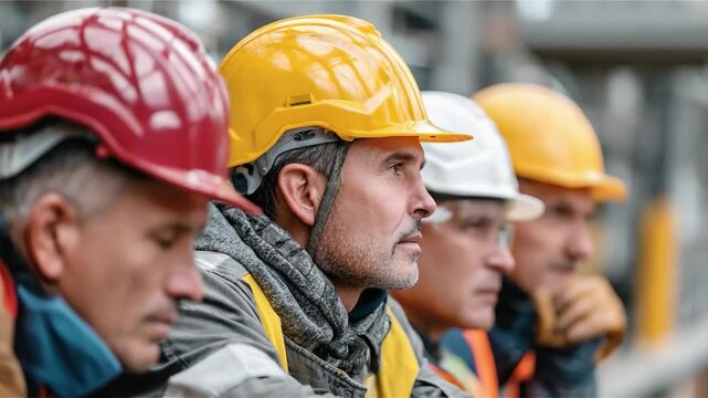 Workers' Collective: A committed line-up of construction workers wearing safety helmets, showcasing strength and unity. Capturing the grit, dedication and teamwork essential to this vital profession.