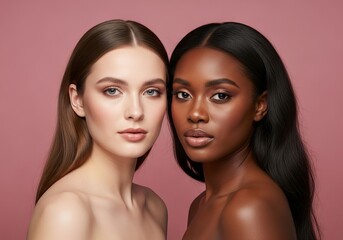 Portrait of two beautiful women showcasing natural beauty and diverse skin tones, celebrating individuality and elegance on a soft pink background