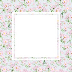 Delicate floral frame with watercolor cosmos flowers. Light pink flowers on a pastel blue background. A spring-inspired, feminine, and elegant design.