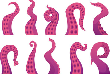Octopus twisted long tentacle with suckers vector flat icons set, sea monster kraken limb, cartoon sea and ocean animal