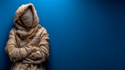 Mysterious Wrapped Figure Against a Deep Blue Background in Artistic Style