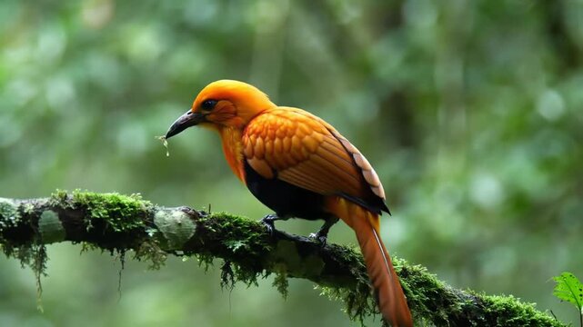 A vibrant orange Golden Bowerbird perched on a moss-covered branch in a lush green forest, with a water droplet falling from its beak.