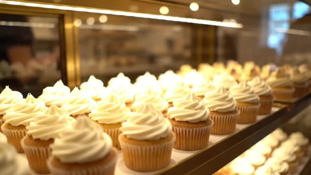 Cupcakes lined up perfectly in a display case, tempting treats with creamy frosting ready to be enjoyed in a bakery or shop