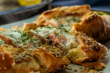 Puff pastry and salmon roll. Baked salmon in dough. Diet. Food concept
