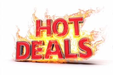 Bold promotional text reading hot deals surrounded by flames, creating an eye-catching visual for advertising and marketing purposes